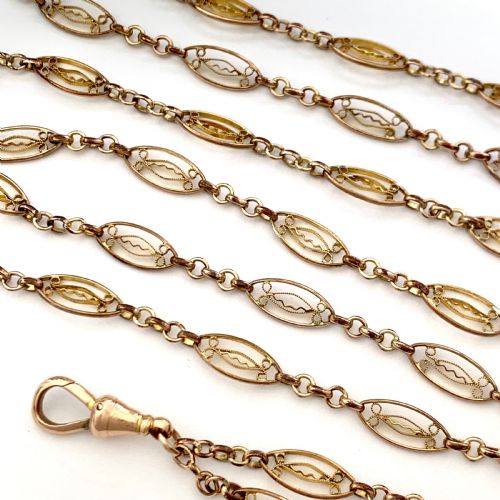 fig 1. Victorian Very Long Filigree Longuard Chain with 9CT Rose Gold Clip