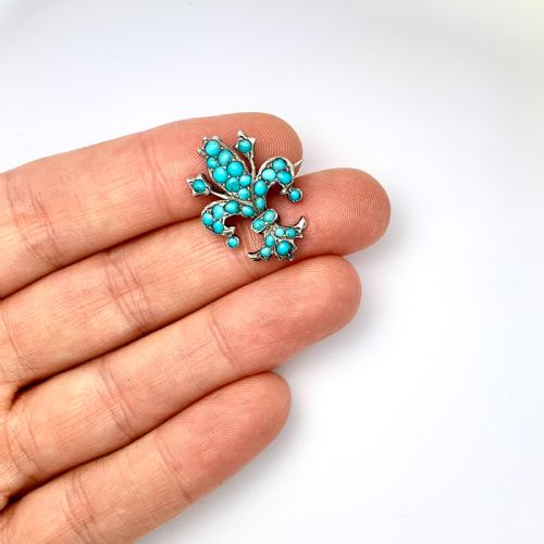 fig 2. Small Victorian Silver Turquoise Fleur de Lis Brooch