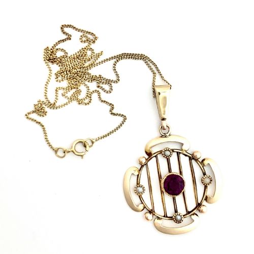 Edwardian 9ct Gold Amethyst and Pearl Lavalier Pendant Necklace