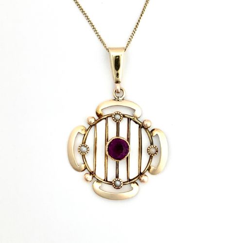 fig 1. Edwardian 9CT Gold Amethyst and Pearl Lavalier Pendant Necklace