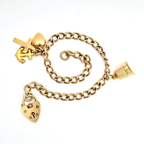 9ct Gold Padlock Bracelet with Vintage Thimble, Faith Hope & Charity Charms