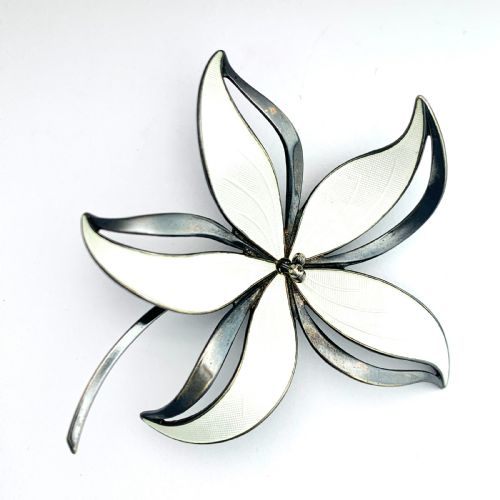 Reserved for J • Large Vintage Hroar Prydz Silver and White Enamel Flower Brooch