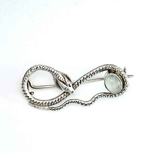 Edwardian Moonstone Serpent Brooch in Sterling Silver