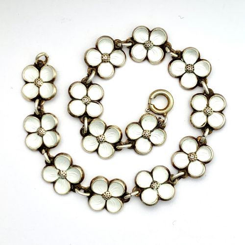 David Andersen Norwegian Silver White Enamel Flower Bracelet