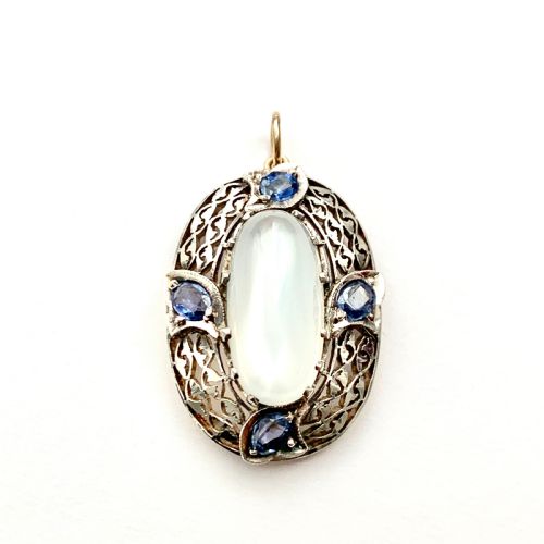 Large Edwardian Silver Moonstone and Sapphire Pendant