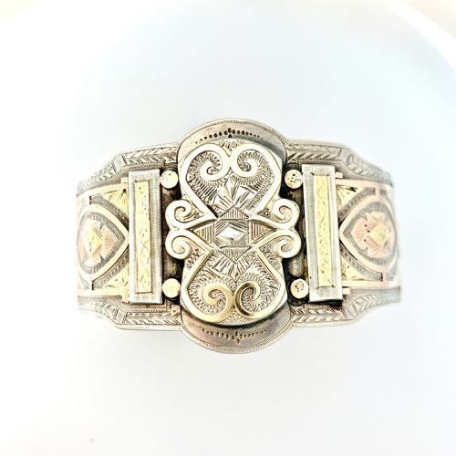 Victorian Wide Sterling Silver Hinged Cuff Bangle with Rose and Yellow Gold