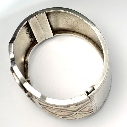 fig 1. Victorian Wide Sterling Silver Hinged Cuff Bangle with Rose and Yellow Gold