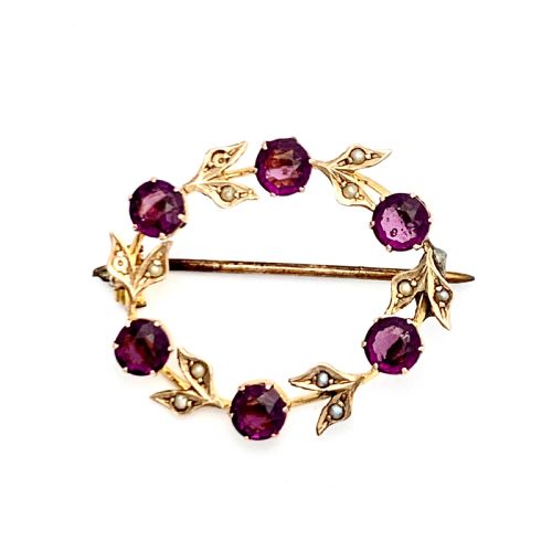 Edwardian 9ct Gold Almandine Garnet and Seed Pearl Wreath Brooch