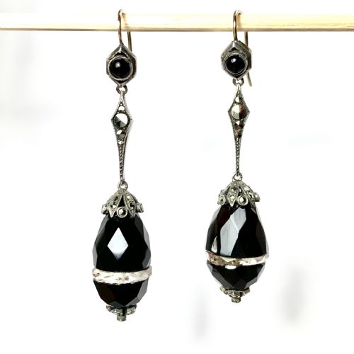 Antique Onyx and Quartz Egg Drop Earrings in Silver and Gold