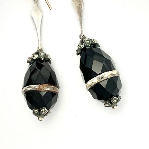 fig 1. Antique Onyx and Quartz Egg Drop Earrings in Silver and Gold