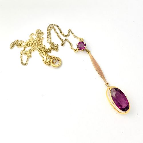 Edwardian 9ct Gold Amethyst Paste Drop Necklace