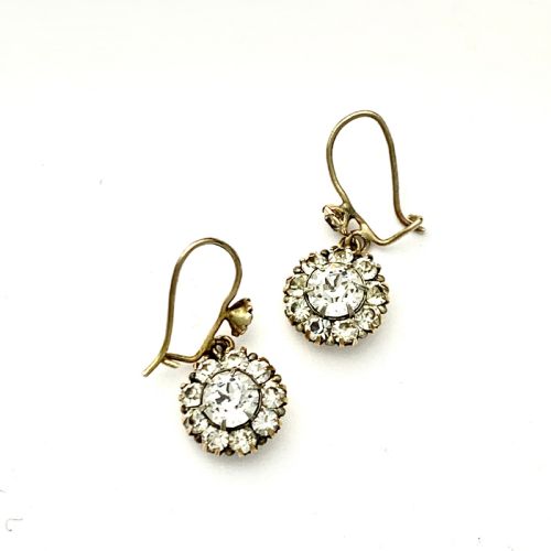Victorian 9ct Gold Paste Flower Cluster Drop Earrings