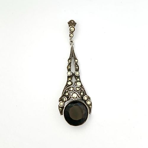 Edwardian Silver Smoky Quartz Marcasite Pendant