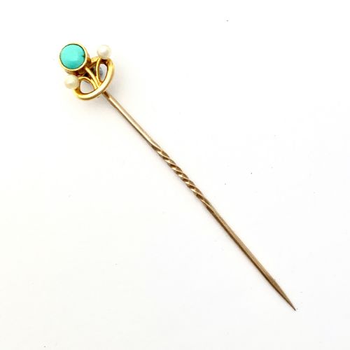 Art Nouveau 15ct Gold Turquoise Pearl Stick Pin