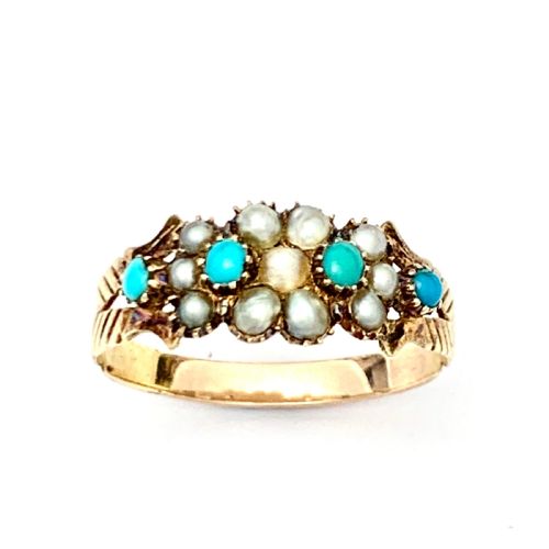 Victorian 15ct Gold Turquoise and Pearl Cluster Ring
