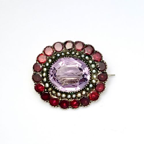 Georgian Amethyst, Flat Cut Garnet and Seed Pearl Pendant/brooch