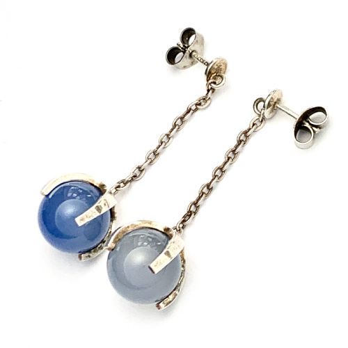 Vintage Finnish Modernist Sterling Silver Blue Chalcedony Trapped Orb Earrings