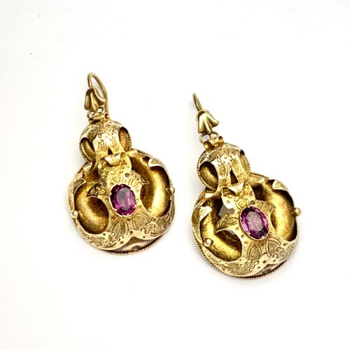 Victorian 15ct Gold Almandine Garnet Etruscan Revival Earrings