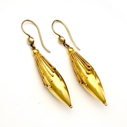 15ct Gold Victorian Etruscan Revival Torpedo Earrings
