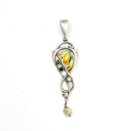 Edwardian 1905 Silver Enamel Paste Pendant with Pearls • Liberty & Co