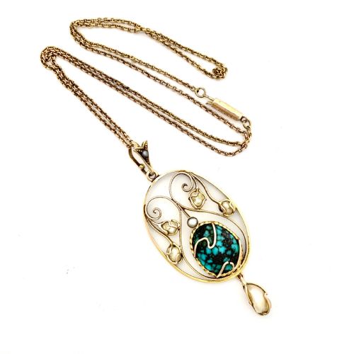 Edwardian Art Nouveau 9ct Gold Turquoise Matrix Pearl Necklace