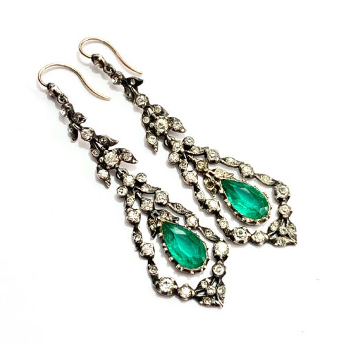 Antique Gold and Silver Emerald Paste Chandelier Earrings