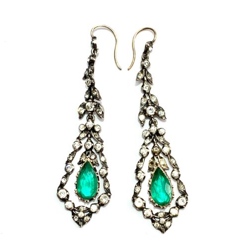 fig 2. Antique Gold and Silver Emerald Paste Chandelier Earrings