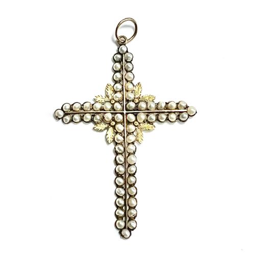 Large Antique 15ct Gold Pearl Cross Pendant