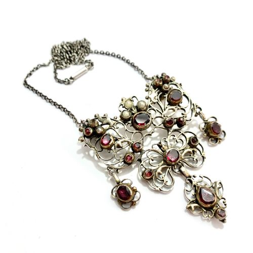 Georgian Garnet, Pearl and Silver Filigree Chain Necklace