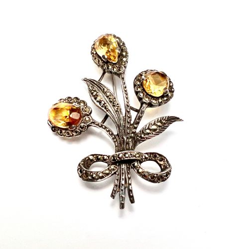 Art Deco Silver Citrine Marcasite Bouquet Brooch