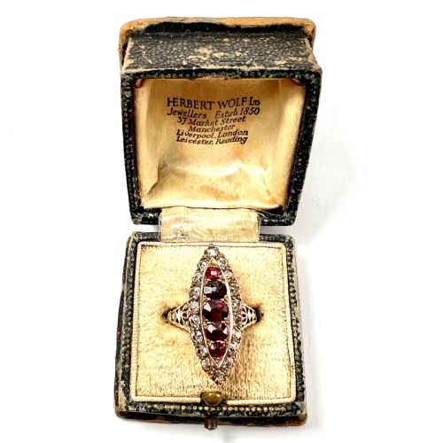 Victorian 18ct Gold Ruby and Diamond Marquise Ring in Antique Box