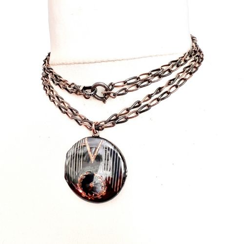 Very Long Victorian Silver Rose Gold Niello Locket Necklace