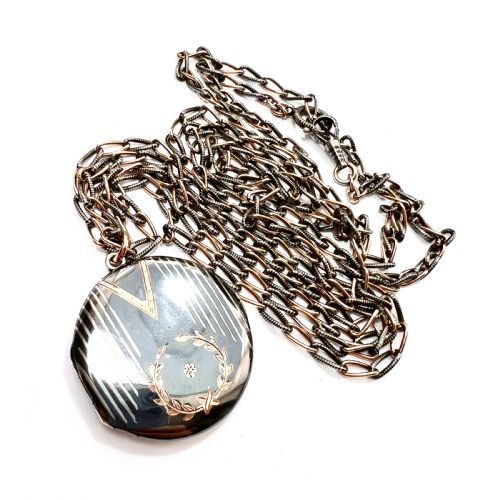 fig 1. Very Long Victorian Silver Rose Gold Niello Locket Necklace