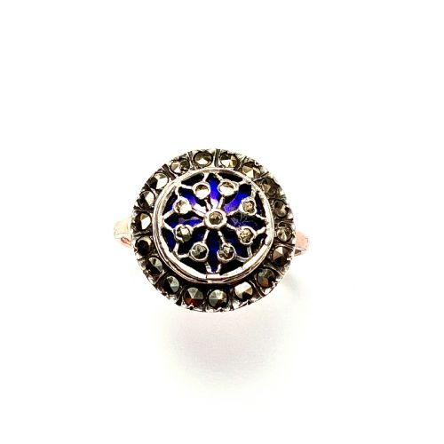 Reserved for Eb • 19th Century French Blue Enamel Marcasite Gold and Silver Ring