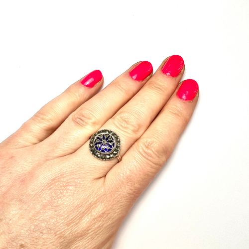 fig 1. RESERVED for EB • 19th Century French Blue Enamel Marcasite Gold and Silver Ring