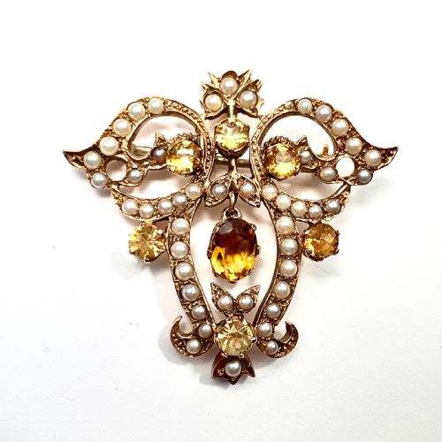 Edwardian 9ct Gold Citrine Pearl Lavalier Pendant/brooch