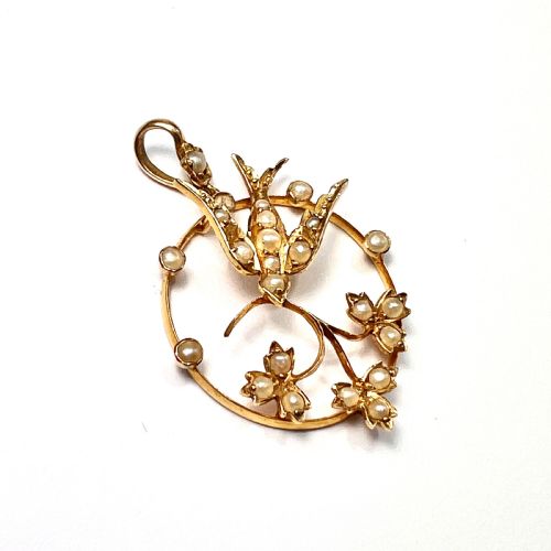 fig 1. Edwardian 15CT Gold Swallow Seed Pearl Pendant