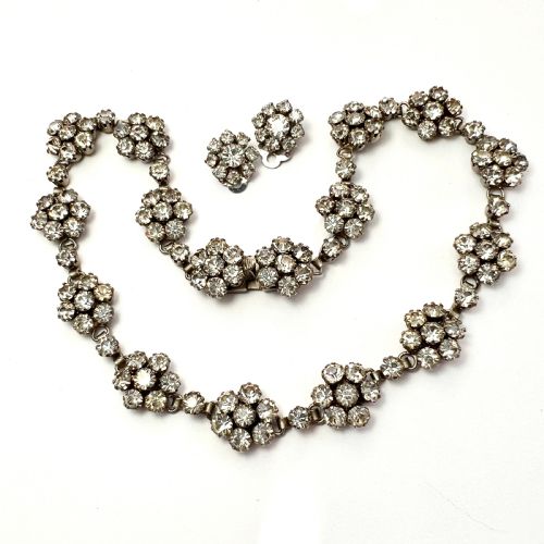 Vintage Old Cut Paste Flower Cluster Necklace and Earrings
