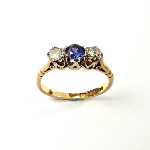 Antique Sapphire and Diamond 18ct Gold Palladium Trilogy Ring