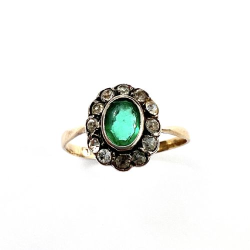 Edwardian 9ct Gold and Silver Paste Emerald Diamond Halo Ring