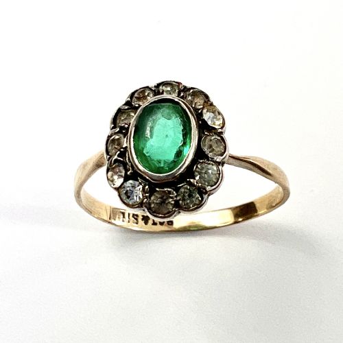 fig 1. Edwardian 9CT Gold and Silver Paste Emerald Diamond Halo Ring