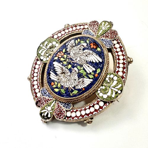 fig 3. Antique Italian Dove Micro Mosaic Silver Pendant Brooch Earrings