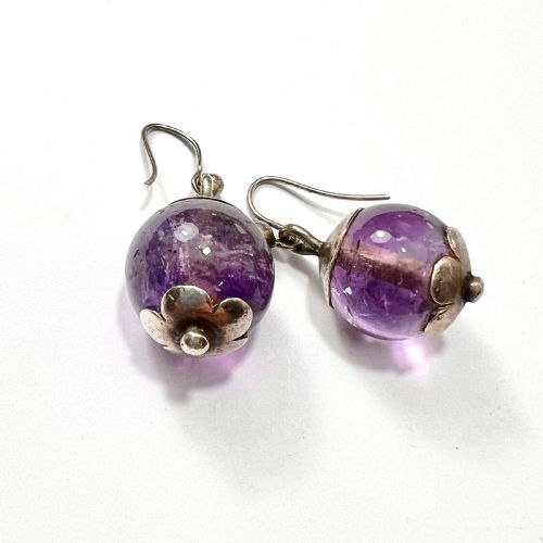 Antique Arts and Crafts Amethyst Silver Flower Earrings