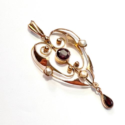 Edwardian 9ct Gold Garnet and Pearl Lavalier Pendant