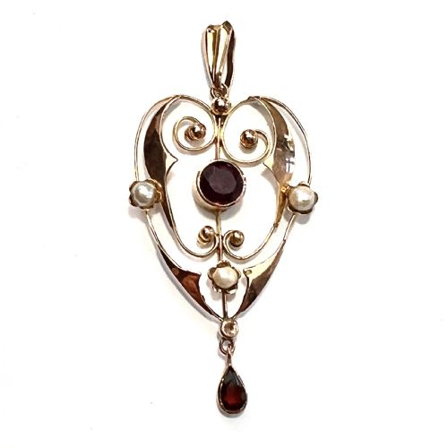 fig 1. Edwardian 9CT Gold Garnet and Pearl Lavalier Pendant