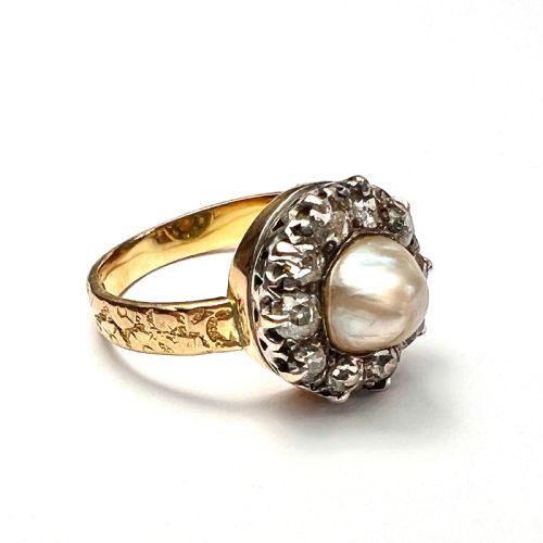 1898 Victorian 18ct Gold Old Cut Diamond and Pearl Halo Ring