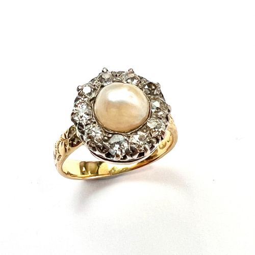 fig 1. 1898 Victorian 18CT Gold Old Cut Diamond and Pearl Halo Ring