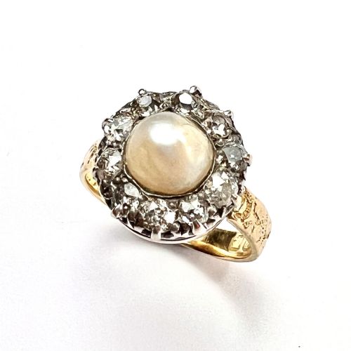 fig 3. 1898 Victorian 18CT Gold Old Cut Diamond and Pearl Halo Ring