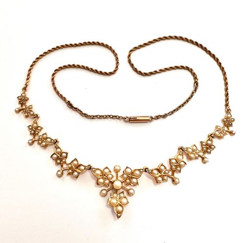 Reserved • Edwardian 15ct Gold Seed Pearl Ivy Leaf Necklace