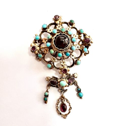 Austro-hungarian Turquoise and Garnet Flower Pendant Brooch in Silver Gilt